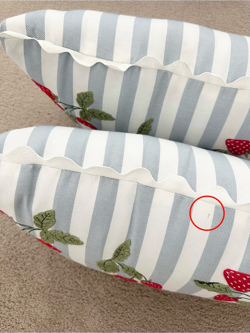 Set of 2 Strawberry Embroidered Blue & White Stripes Indoor/Outdoor Throw Pillow - Picture 8 of 17